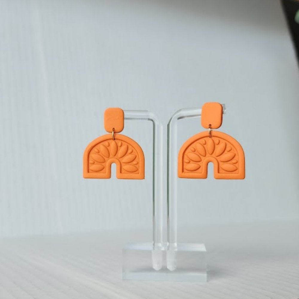Orange Arch Embossed Polymer clay earrings handmade Lightweight 1.5"